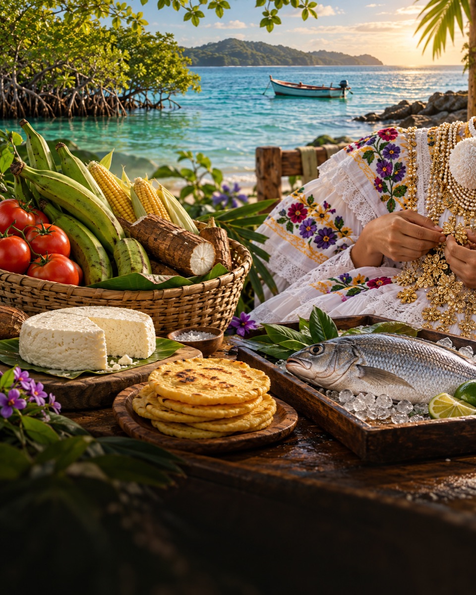 Collage ilustrativo de cultivos, queso y tortillas, pescado, artesanía de pollera y costa con manglar de Los Santos